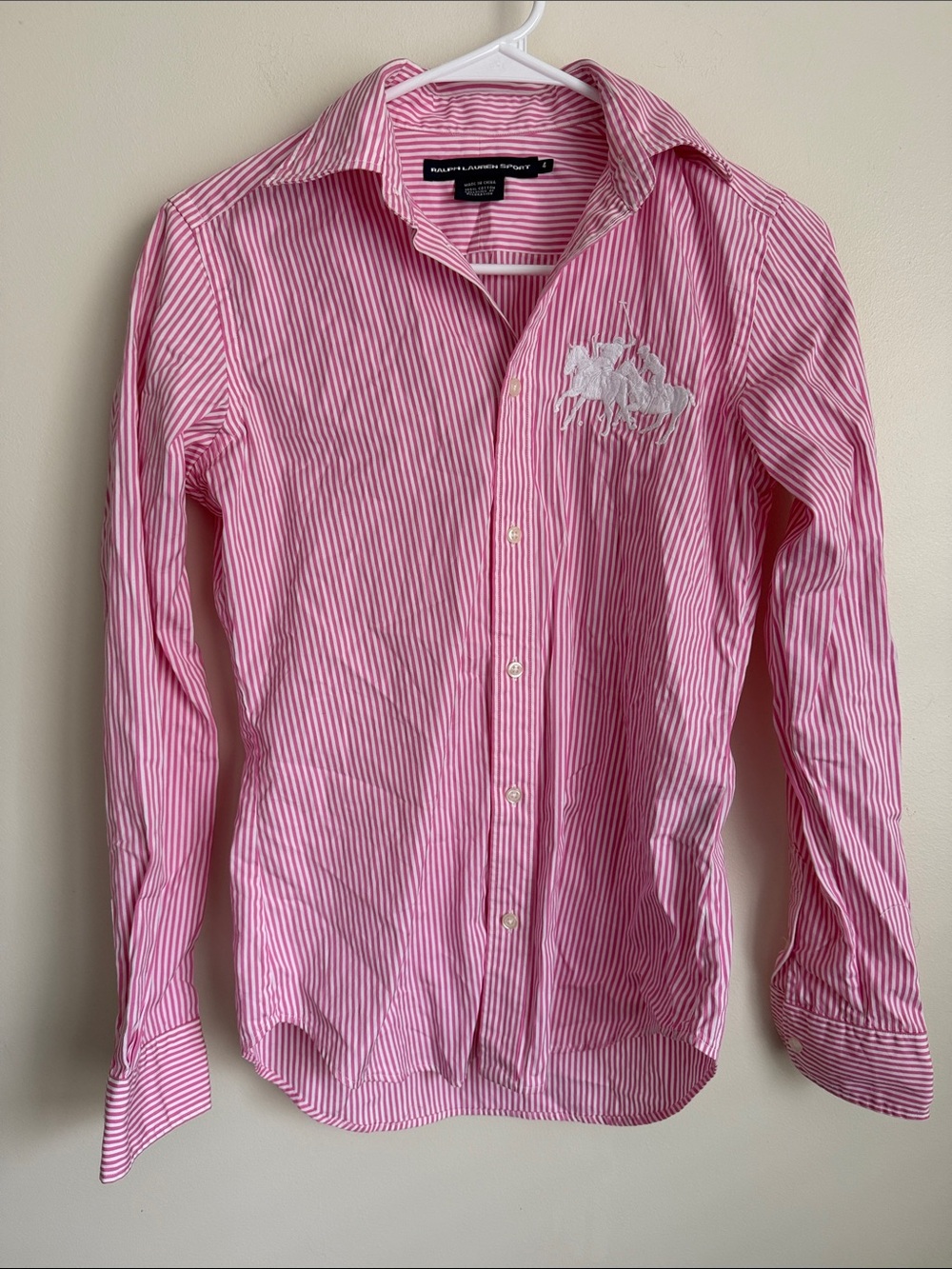 Ralph Lauren Sport Pink & White Striped Big Pony Button Down Shirt 100 Cotton